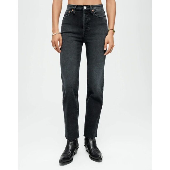 RE/DONE 70s Ultra High Rise Stove Pipe Jeans Womens Size 23 Black Retro Denim - Picture 3 of 16